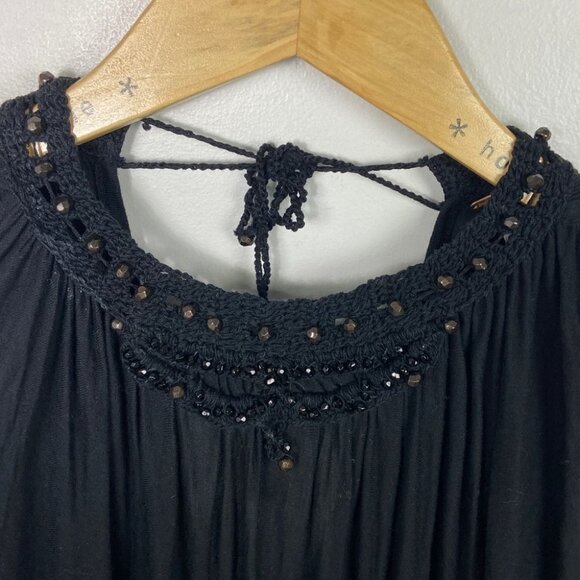 Free People Beaded Crew Neck Tunic Top Black Oversized Bohemian Tie Back Long S - Picture 5 of 9
